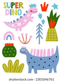 Dino cute vector kids composition. Dinosaur scandinavian illustration. For children party.