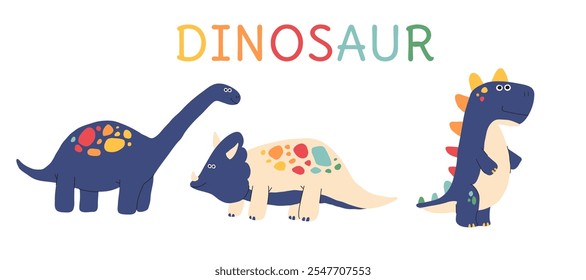 Conjunto de vetor bonito Dino. Dinossauro animais infantis engraçados como pterossauro e estegossauro, braquiossauro. Faça para impressão de t-shirt ou design de festa de cartão. Ilustração isolada plana.