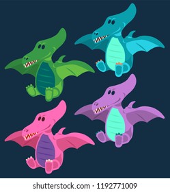 Dino, Dinosaur, 4 Cute baby pterodactyls dinosaurs toy set, cartoon design, vector illustration, set 4/8 