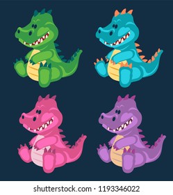 Dino, Dinosaur, 4 Cute baby tyrannosaurs T-rex dinosaurs toy set, cartoon design, vector illustration, set 6/8 