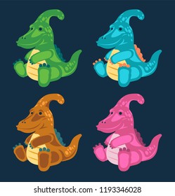 Dino, Dinosaur, 4 Cute baby parasaurolophus dinosaurs toy set, cartoon design, vector illustration, set 5/8 