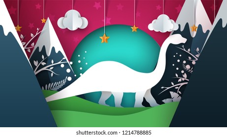 Dino, dinosaur illustration. Cartoon paper landscape Vector eps 10