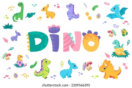 Dino or dinosaur lettering. Cute childish sign for birthday greeting card, baby shower invitation, posters. Vector cartoon illustration.