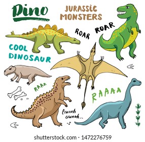 Dino Doodles Set. Cute Dinosaurs sketch and Letterings collection. Hand drawn Cartoon Dino Vector illustration.