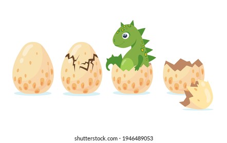 Dino or dragon hatching out of crashing egg. Flat vector illustration. Different birth stages of cute little cartoon dinosaur isolated on white background. Animal, history, dino concept for design