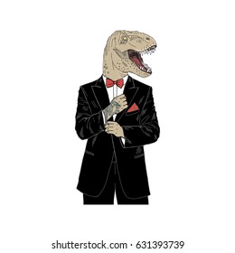 dino dressed up in tuxedo, anthropomorphic illustration, fashion animals