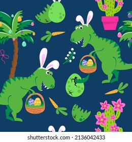 Dino Easter egg hunt party - Funny cartoon dinosaurs, bones, and eggs. Cute t rex,  characters. Hand drawn vector doodle set for kids. Good for textiles, nursery, wallpapers, wrapping paper, clothes.