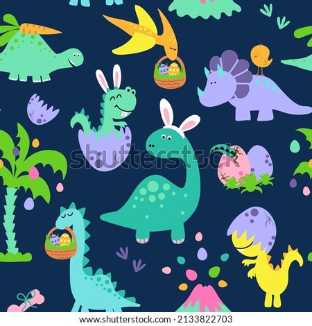 Dino Easter egg hunt party - Funny cartoon dinosaurs, bones, and eggs. Cute t rex,  characters. Hand drawn vector doodle set for kids. Good for textiles, nursery, wallpapers, wrapping paper, clothes.
