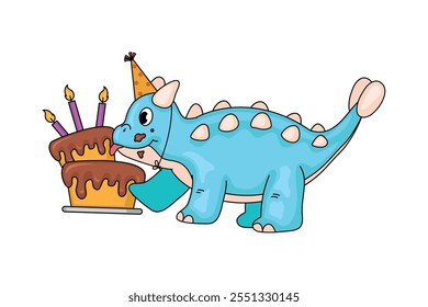 dino eating birthday cake isolated