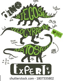 Dino expert. Typography print with dinosaur  . Original design with t-rex, dinosaur. print for T-shirts, textiles, wrapping paper, web. 