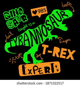 Dino expert. Typography print with dinosaur  . Original design with t-rex, dinosaur. print for T-shirts, textiles, wrapping paper, web. 