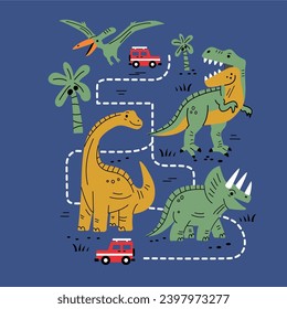 dino explore journey vector handdrawn illustrtation graphic design for tshirt kids and other print 