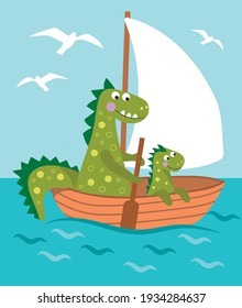 dino family sailing in a boat on the sea around the seagulls fly
