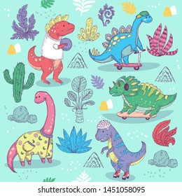Dino fan activities. Seamless pattern with hand drawn line doodle illustration