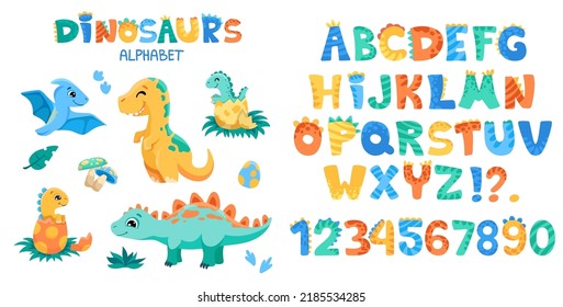 Dino font with alphabet letters, cute dinosaurs, signs and numbers. Character collection in hand drawn cartoon style for your design, nursery or kindergarten banners and posters. Vector illustration