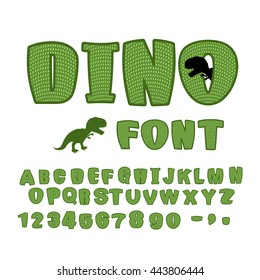 Fuente Dino. dinosaurio ABC. Textura animal del período Jurásico. Alfabeto tirannosauro. Cartas de Monstruo Verde
