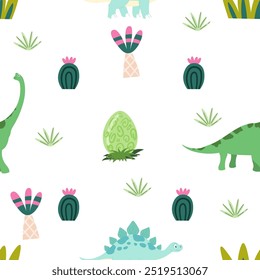 Dino in a forest seamless pattern design illustration vector. Childish. Textile pattern, cactus , plants, egg