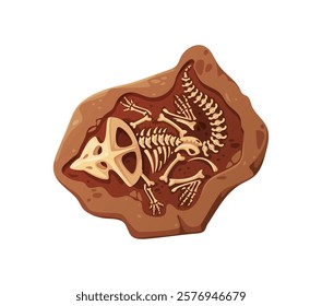 Dino fossil skeleton bones. Isolated cartoon vector fossilized, well-preserved dinosaur relic embedded in a reddish rock piece. Paleontological artefact of wild, ancient reptile animal of Jurassic era