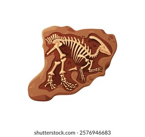 Dino fossil skeleton bones. Isolated cartoon vector dinosaur skeletal structure imprinted into ancient rock. Prehistoric and archaeological museum artefact, evoking a sense of history and discovery