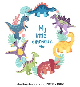 Dino frame for baby boy photo, drawing, print. Triceratops, t-rex, pteranodon, spinosaurus, stegosaurus, velociraptor, parasaurolophus, brontosaurus. Hand drawn flat vector dinosaurs.