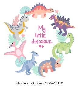 Dino Frame For Baby Girl Photo, Drawing, Print. Triceratops, T-rex, Pteranodon, Spinosaurus, Stegosaurus, Velociraptor, Parasaurolophus, Brontosaurus. Hand Drawn Flat Vector Dinosaurs.