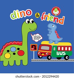 dino and friends are driving in the middle of the city,cartoon vector illustration