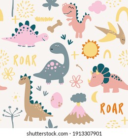 Dino friends. Funny cartoon dinosaurs, bones, and eggs. Cute t rex,  characters. Hand drawn vector doodle set for kids. Good for textiles, nursery, wallpapers, wrapping paper, clothes. Roar words