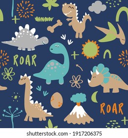 Dino friends. Funny cartoon dinosaurs, bones, and eggs. Cute t rex,  characters. Hand drawn vector doodle set for kids. Good for textiles, nursery, wallpapers, wrapping paper, clothes. Roar words