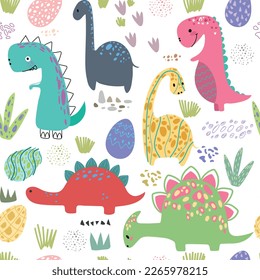 Dino friends. Funny cartoon dinosaurs, spots, dots and eggs. Cute t rex, characters. Hand drawn vector doodle set for kids. Good for textiles, nursery, wallpapers, wrapping paper, clothes. 