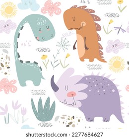 Dino friends. Funny cartoon dinosaurs, Flowers, and eggs. Hand drawn seamless vector doodle set for kids. Good for textiles, nursery, wallpapers, wrapping paper, clothes. Roar words