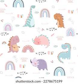 Dino friends. Funny cartoon dinosaurs, rainbows. Cute t rex, characters. Hand drawn vector doodle set for kids. Good for textiles, nursery, wallpapers, wrapping paper, clothes.