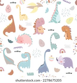 Dino friends. Funny cartoon dinosaurs, hearts, and eggs. Cute t rex, characters. Hand drawn vector doodle set for kids. Good for textiles, nursery, wallpapers, wrapping paper, clothes. 