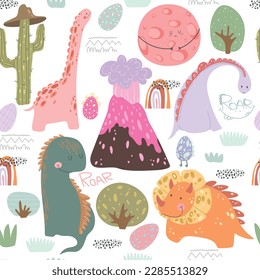 Amigos de Dino. Divertidos dinosaurios de dibujos animados, arcos de lluvia y huevos. Cortar t rex, caracteres. Juego de doodles de vector dibujado a mano para niños. Bien por los textiles, el vivero, los papeles pintados, la ropa. Palabras rojas