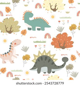 Dino friends. Funny cartoon dinosaurs, rainbows, and plants. Cute t rex, characters. Hand drawn vector doodle set for kids. Good for textiles, nursery, wallpapers, wrapping paper, clothes. 