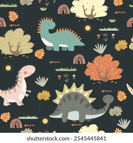 Dino friends. Funny cartoon dinosaurs, rainbows, and plants. Cute t rex, characters. Hand drawn vector doodle set for kids. Good for textiles, nursery, wallpapers, wrapping paper, clothes.