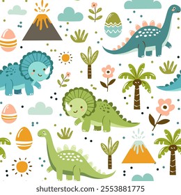 Dino friends. Funny cartoon dinosaurs, rainbows, and eggs. Cute t rex, characters. Hand drawn vector doodle set for kids. Good for textiles, nursery, wallpapers, wrapping paper, clothes