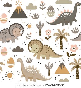 Dino friends. Funny cartoon dinosaurs, rainbows, and eggs. Cute t rex, characters. Hand drawn vector doodle set for kids. Good for textiles, nursery, wallpapers, wrapping paper, clothes