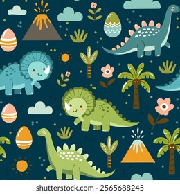 Dino friends. Funny cartoon dinosaurs, rainbows, and eggs. Cute t rex, characters. Hand drawn vector doodle set for kids. Good for textiles, nursery, wallpapers, wrapping paper, clothes