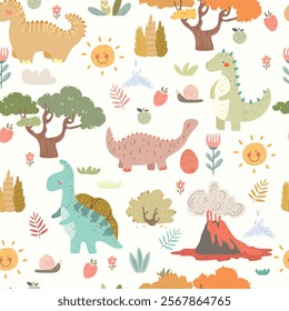 Dino friends. Funny cartoon dinosaurs, sun, and plants. Cute t rex, characters. Hand drawn vector doodle set for kids. Good for textiles, nursery, wallpapers, wrapping paper, clothes.	
