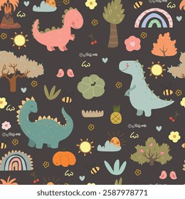 Dino friends. Funny cartoon dinosaurs, rainbows, and plants. Cute t rex, characters. Hand drawn vector doodle set for kids. Good for textiles, nursery, wallpapers, wrapping paper, clothes.