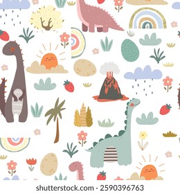 Dino friends. Funny cartoon dinosaurs, rainbows, and plants. Cute t rex, characters. Hand drawn vector doodle set for kids. Good for textiles, nursery, wallpapers, wrapping paper, clothes.	
