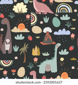 Dino friends. Funny cartoon dinosaurs, rainbows, and plants on black. Cute t rex, characters. Hand drawn vector doodle set for kids. Good for textiles, nursery, wallpapers, wrapping paper, clothes.	
