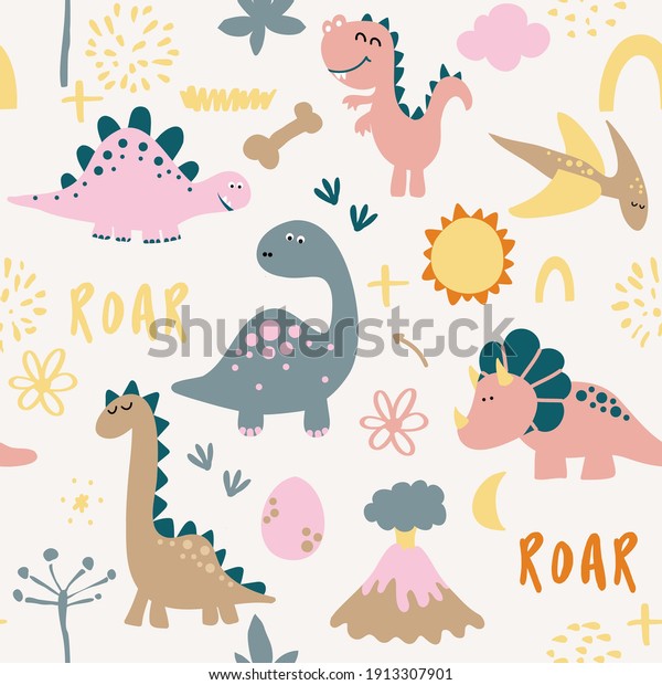 Dino friends. Funny cartoon dinosaurs, bones, and eggs. Cute t rex, characters. Hand drawn vector doodle set for kids. Good for nursery, wallpapers, wrapping paper. Roar words