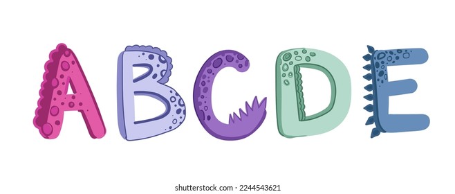 Dino funny alphabet in cartoon style. Font for Dino prints of childrens textiles, wallpaper, paper for Dino scrapbooking, packaging, invitation card, holidays in the style of monsters, dragons. Vector