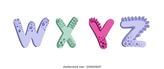 Dino funny alphabet in cartoon style. Font for Dino prints of childrens textiles, wallpaper, paper for Dino scrapbooking, packaging, invitation card, holidays in the style of monsters, dragons. Vector
