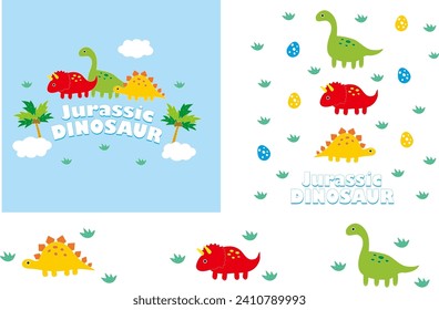 Dino funny characters dinosaur cartoon elements Pterodactyl and trex adorable dinos