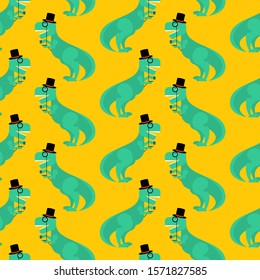 Dino gentleman pattern seamless. Tyrannosaurus hat top hat and cup of tea background. Dinosaur aristocrat ornament. Baby fabric texture 