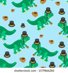 Dino gentleman pattern seamless. Tyrannosaurus hat top hat and cup of tea background. Dinosaur aristocrat ornament. Baby fabric texture 