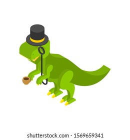 Dino gentleman. Tyrannosaurus hat top hat and cup of tea. Dinosaur aristocrat. 
