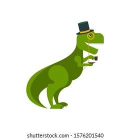 Dino gentleman. Tyrannosaurus hat top hat and cup of tea. Dinosaur aristocrat. 